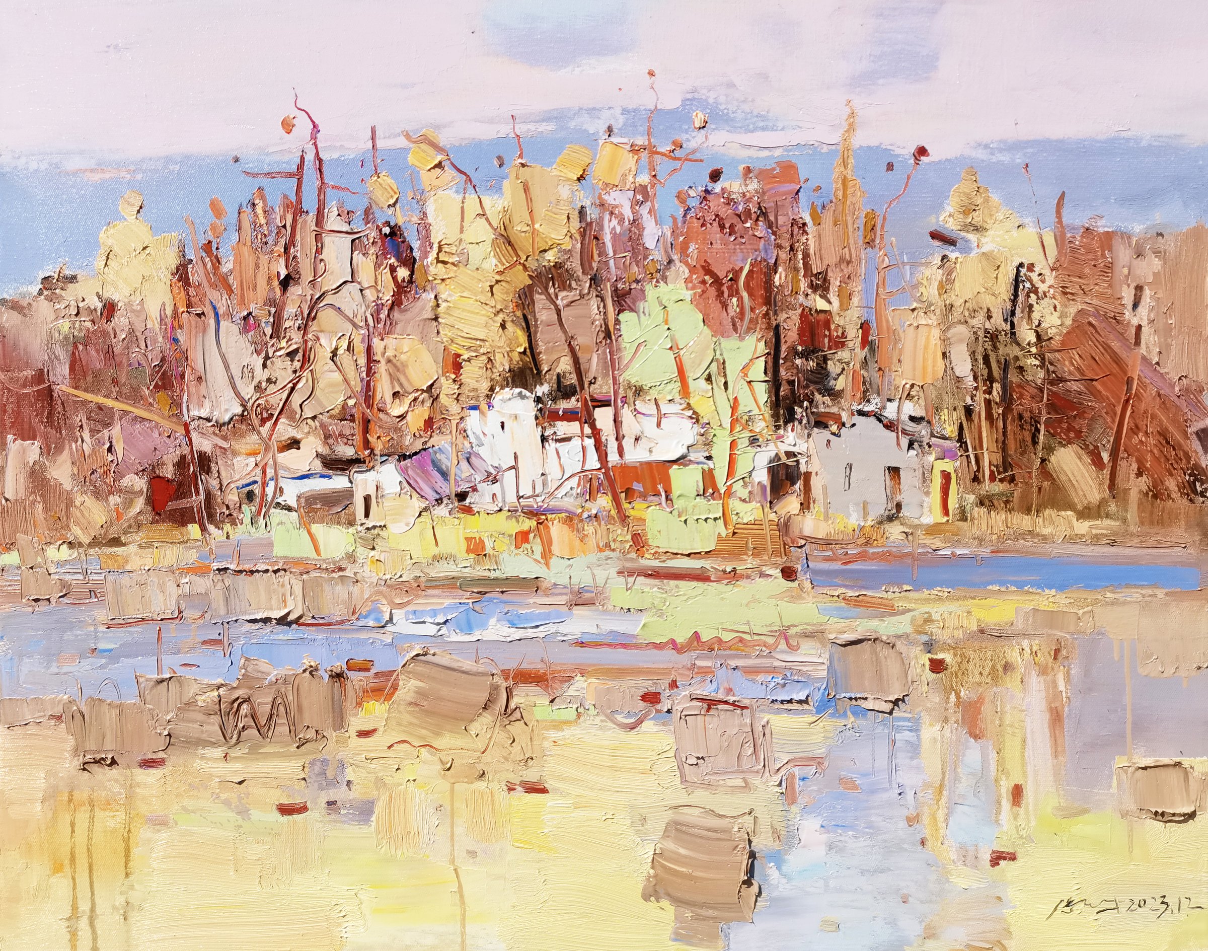 Autumn Village by the Pond